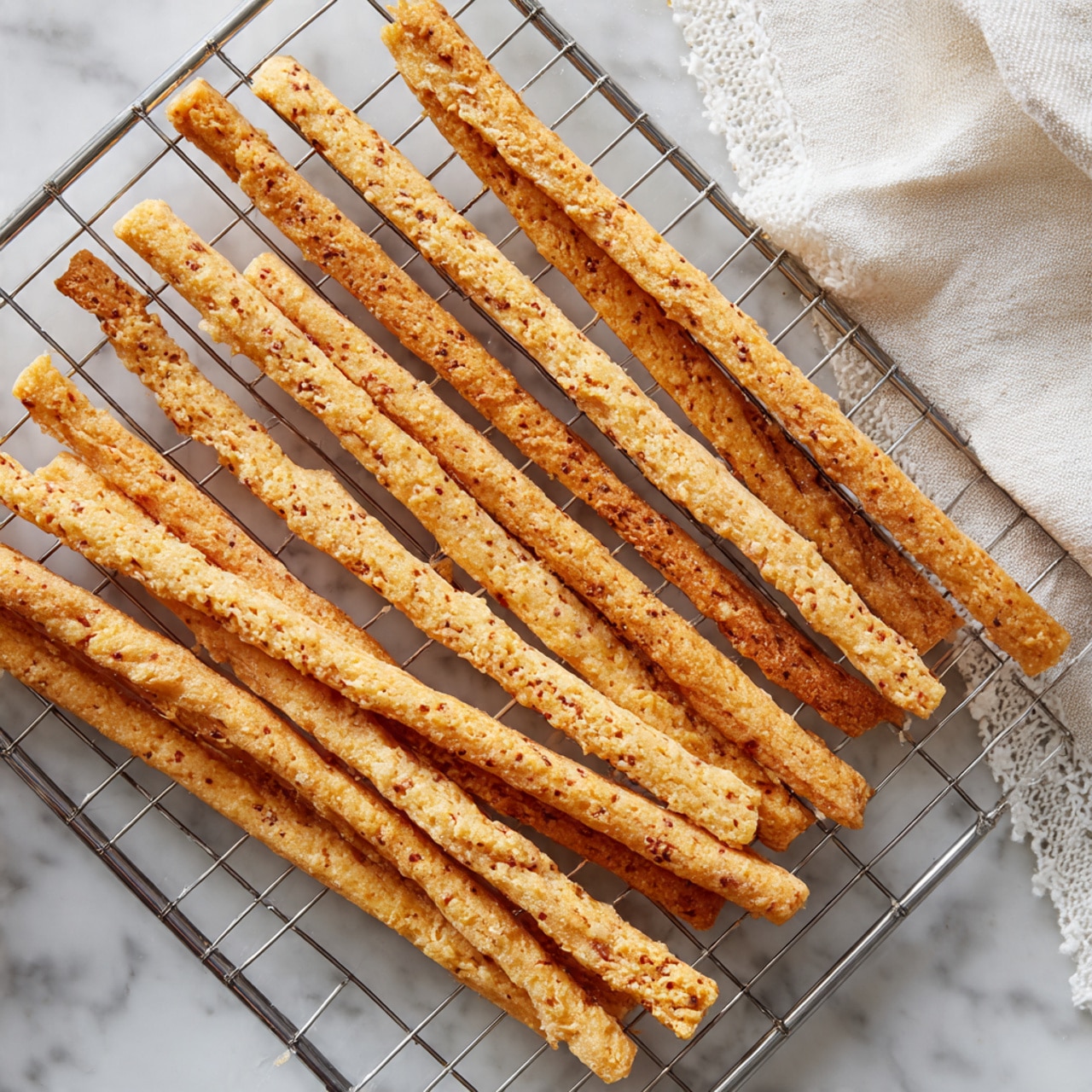Several long, thin sticks of baked snack with a crisp, slightly rough texture are laid out on a metal cooling rack. The sticks are light golden brown with small specks of deeper brown scattered throughout, showing a baked surface with subtle ridges running lengthwise along each piece. The cooling rack sits on a white marbled textured surface with part of a white lace cloth visible in the upper right corner. The scene is lit softly, highlighting the crunchy texture of the snack sticks. photo taken with an iphone --ar 4:5 --v 7