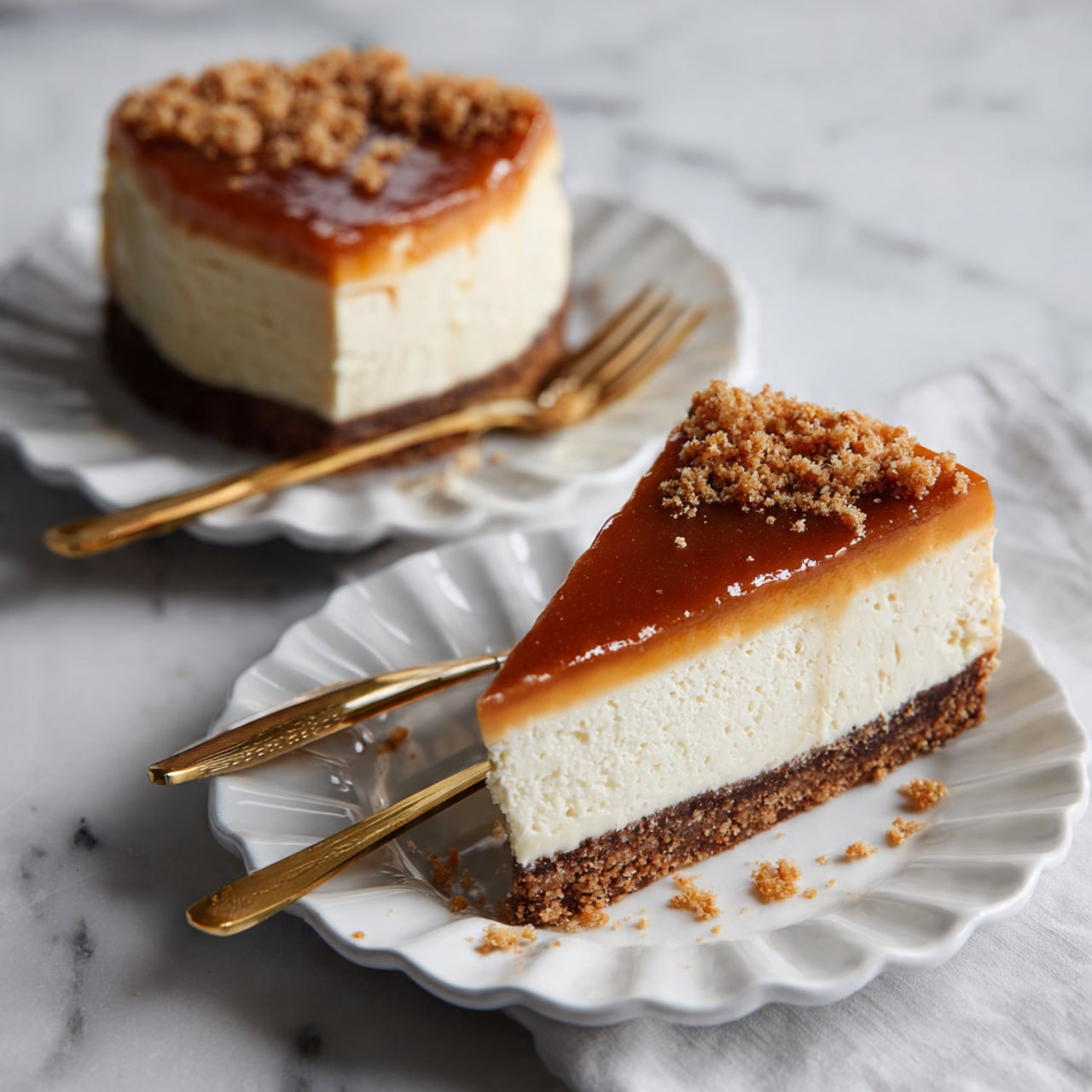 A round cheesecake with three visible layers sits on a white plate on a white marbled surface. The bottom layer is a dark brown crust, the middle layer is a thick, creamy beige cheesecake, and the top layer is a glossy caramel with a few grains of sea salt sprinkled on it. The caramel slightly drips down the sides. One slice is lifted by a metal spatula, showing the creamy inside clearly. There are small crumbs scattered around the plate and surface, and a soft light beige cloth is blurred in the background. photo taken with an iphone --ar 4:5 --v 7