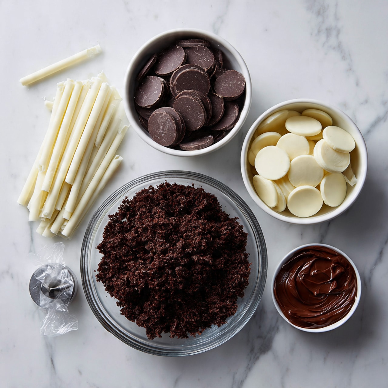 The image shows a white marbled surface with a large clear glass bowl at the bottom center filled with dark brown crumbled cake. Above it, there are three white bowls: the top right bowl contains dark chocolate discs, the middle bowl has white chocolate discs, and the small bowl to the right holds smooth milk chocolate spread. To the left of these bowls, there is a pile of white lollipop sticks and a small clear piping bag with a metal round tip next to them. photo taken with an iphone --ar 4:5 --v 7