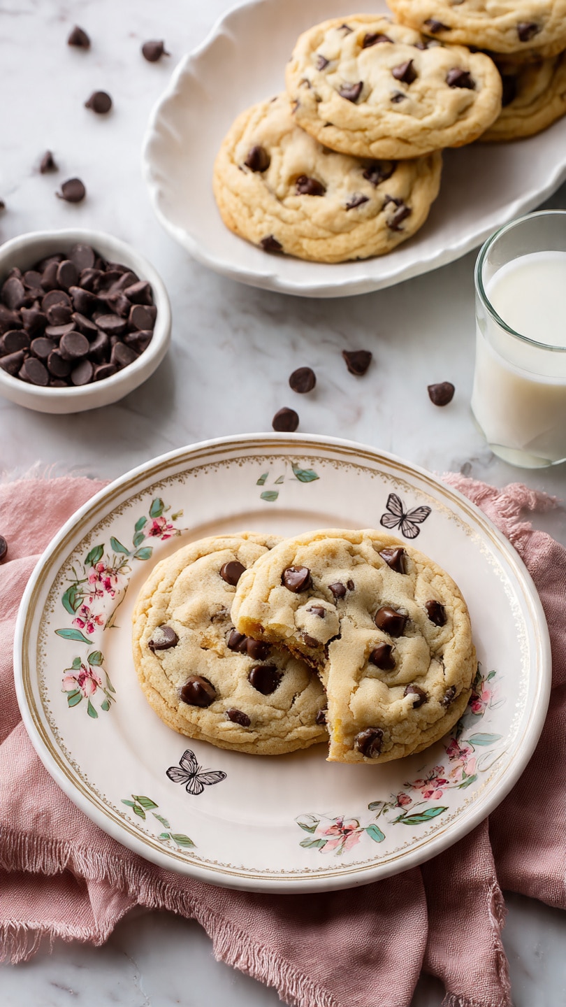 A stack of three round chocolate chip cookies sits in the center on a white marbled surface. The top cookie shows a light golden brown color with visible dark chocolate chips embedded in its slightly rough texture. The two cookies below are similar in color and texture, with chocolate chips peeking out along the edges. Around the stack, several more cookies are scattered, each with the same golden brown dough and dark chocolate chip pattern. The scene is softly lit, capturing the crumbly texture of the cookies clearly. Photo taken with an iphone --ar 4:5 --v 7