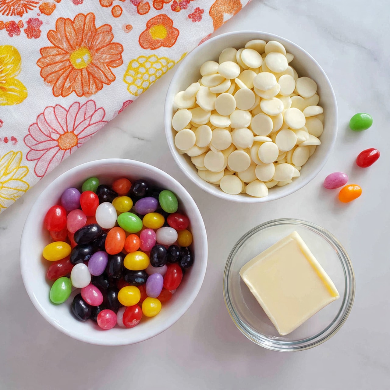 A white bowl filled with many small, round, smooth white chocolate wafers stacked inside; below it, another white bowl holds an assortment of colorful jelly beans in red, green, yellow, orange, purple, pink, white, and black with shiny surfaces; to the right of the bowls is a small clear glass bowl with a square piece of butter inside; the items are placed on a white marbled surface with a few jelly beans scattered around and a corner of a light fabric with orange and yellow flower prints visible at the top left photo taken with an iphone --ar 4:5 --v 7