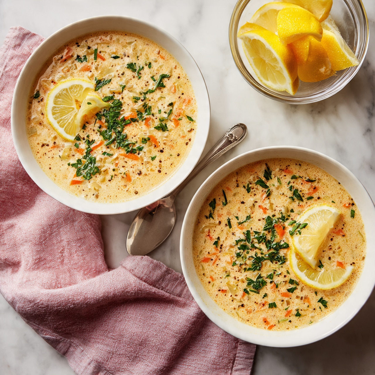 The image shows a large white pot filled with thick yellow soup that has small bits of orange and white ingredients mixed throughout, creating a textured appearance. On top of the soup, there is a sprinkling of chopped green herbs arranged in a loose line across the center. The pot sits on a white marbled surface, near a glass bowl holding lemon wedges and some fresh parsley sprigs. A striped orange and white cloth is placed behind the pot. Photo taken with an iphone --ar 4:5 --v 7