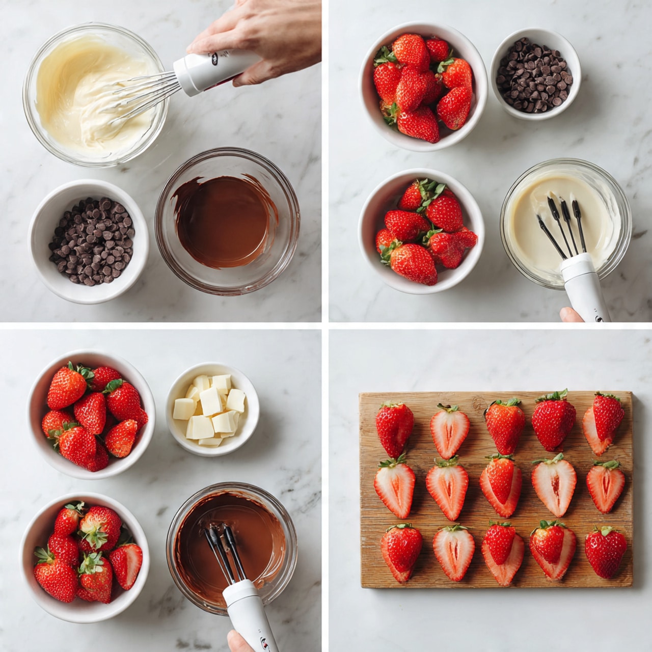 The image shows four scenes of making a dessert with strawberries and chocolate. In the first scene, a clear bowl holds light cream being mixed by a woman's hand holding a mixer with two beaters, next to a white bowl of chocolate chips and a white bowl of strawberries on a white marbled surface. The second scene features melted chocolate in a clear bowl, with the same white bowl of chocolate chips nearby on the white marbled surface. The third scene shows the mixed chocolate cream in the clear bowl, with the woman's hand holding the mixer beaters still in the mixture, alongside the white bowls of strawberries and chocolate chips. The fourth scene displays a wooden board full of halved strawberries laid out neatly, with the white bowl of strawberry on the top left and a white bowl of chocolate chips on the right, all set on the white marbled surface photo taken with an iphone --ar 4:5 --v 7