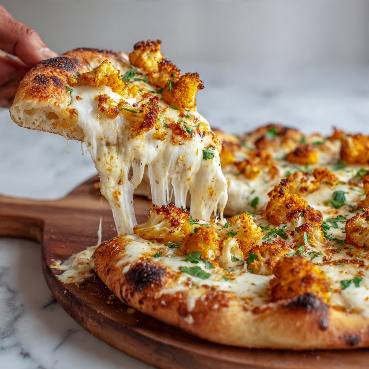 A rectangular pizza with a golden brown crust is sliced into squares on a wooden board. The first layer is melted white cheese that covers the entire surface. On top, there are pieces of orange-yellow seasoned chicken scattered evenly. Small green parsley leaves are sprinkled over the pizza, adding a touch of color. The wooden board is placed on a white marbled surface with some lime wedges and bits of parsley around it. Photo taken with an iphone --ar 4:5 --v 7