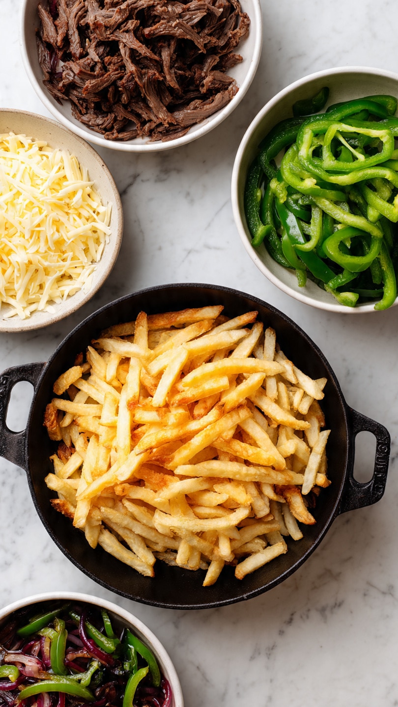 The image shows a close-up of loaded fries with three main layers. The base layer is golden crispy fries scattered across a white marbled surface. On top of the fries are thin strips of cooked steak, some light brown with a pink center, and charred green bell pepper slices. The top layer is melted white cheese stretching between the fries and steak, with small pieces of green onion sprinkled throughout. A silver fork lifts a perfect bite of fries, steak, and cheese from the dish, showing the melted cheese pulling apart. photo taken with an iphone --ar 4:5 --v 7