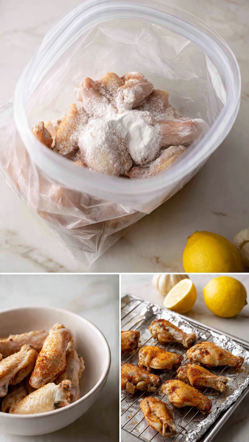 The image shows three parts: at the top, raw chicken wings inside a clear plastic zipper bag with white powder seasoning on top, placed on a white marbled surface. The second part at the bottom left shows the same chicken wings fully mixed inside the clear zipper bag, resting on the white marbled surface near a white bowl with lemons and garlic. The third part at the bottom right shows several pieces of seasoned chicken wings placed on a metal rack with foil-lined tray beneath, ready for cooking. photo taken with an iphone --ar 4:5 --v 7
