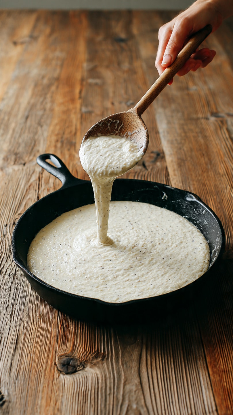 A round onion tart is cut into eight slices, placed in a black cast iron skillet on top of a wooden board. The tart has a light golden crust with a smooth, slightly raised edge. The top layer shows thin, curved slices of cooked onions arranged in swirls and scattered with tiny black herb and spice bits. The inside looks soft and pale yellow, with a few browned spots near the edges. The skillet is set on a white marbled surface with a light gray cloth draped over its handle. photo taken with an iphone --ar 4:5 --v 7