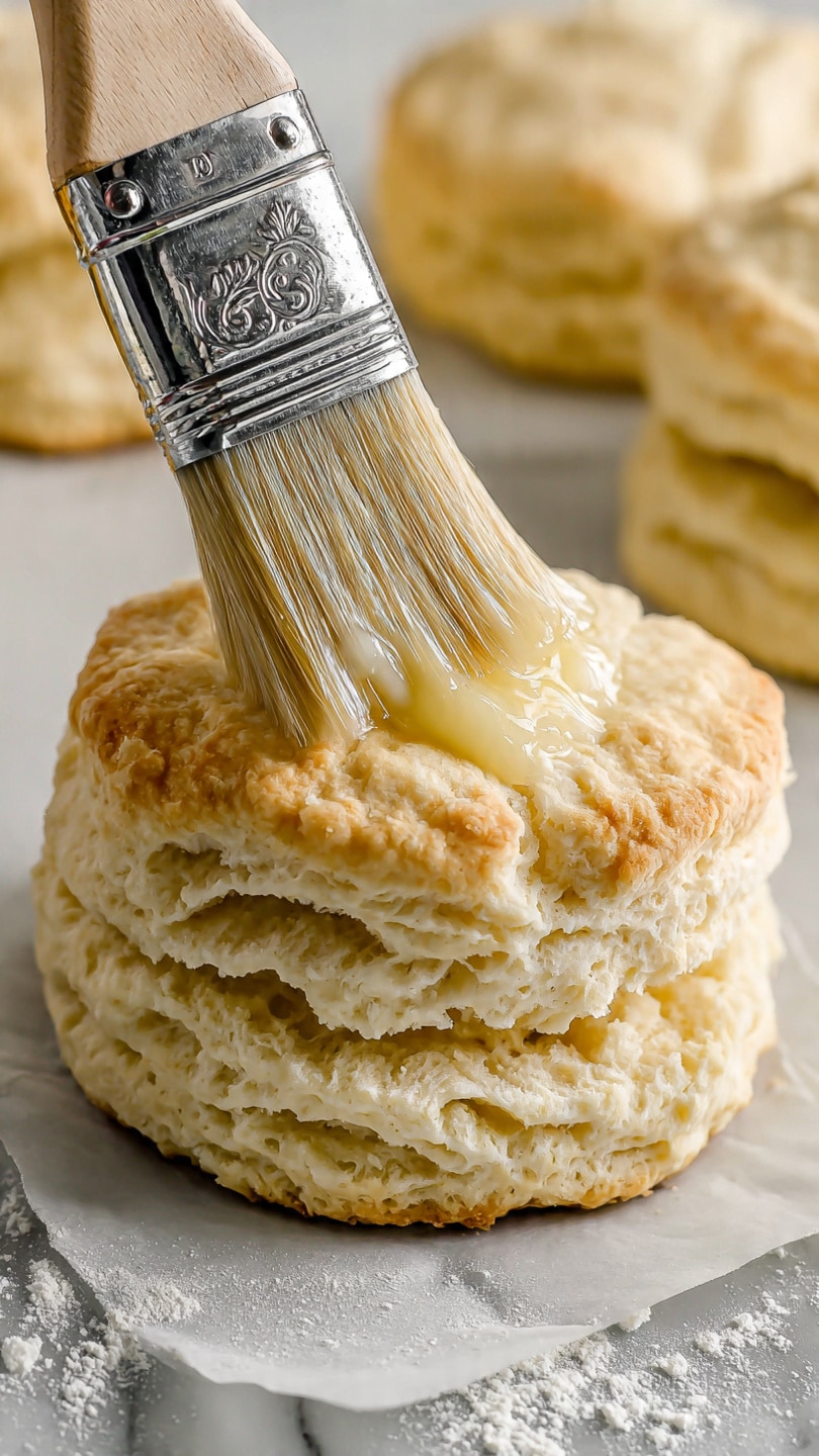 The image shows a close-up of a light golden biscuit with two visible layers, the top layer smooth and slightly browned, and the bottom layer fluffy and soft with small air pockets. The biscuit rests on a white cloth over a wooden surface. In the background, there are other similar biscuits slightly out of focus. The overall color is warm and inviting. photo taken with an iphone --ar 4:5 --v 7