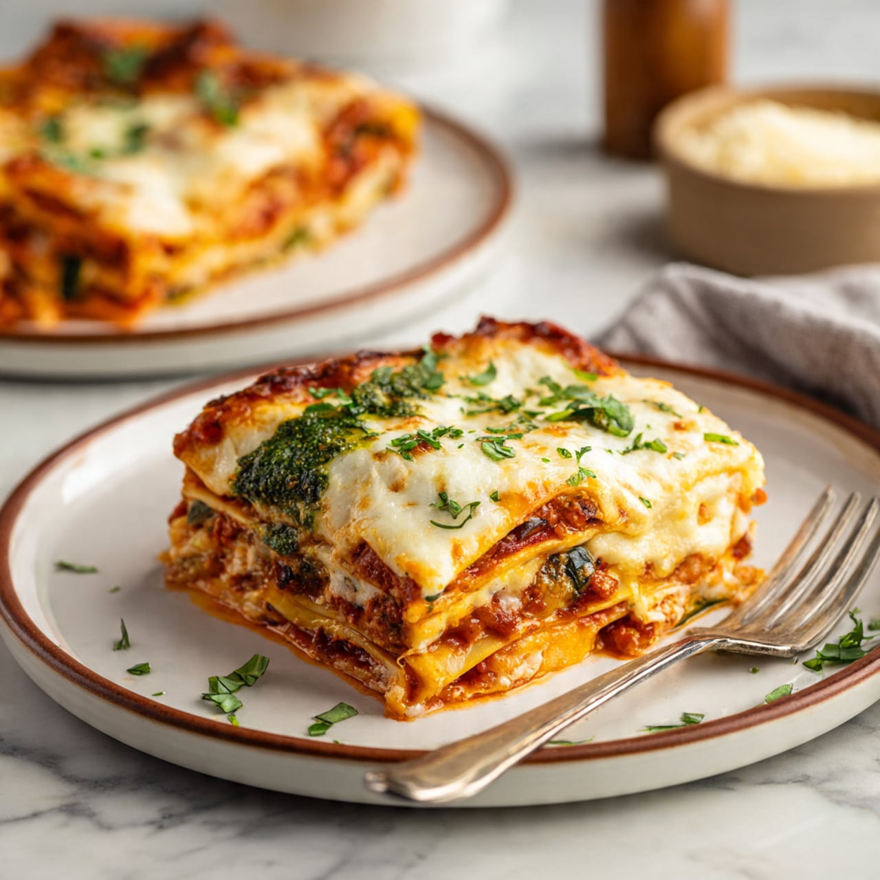 The image shows a thick slice of lasagna on a white plate with a brown rim, placed on a white marbled surface. The lasagna has several layers: at the bottom, a creamy, slightly yellow cheese layer; above it, a rich red sauce mixed with vegetables like zucchini and orange squash pieces; then a layer of melted mozzarella cheese with a golden-brown baked top; patches of green pesto sauce spread unevenly over the slice; and fresh chopped green basil leaves sprinkled on top. A silver fork rests on the plate beside the lasagna slice. In the background, another plate with a larger portion of lasagna is slightly out of focus, and there is a small container and a bowl with grated cheese on the side. Photo taken with an iphone --ar 4:5 --v 7