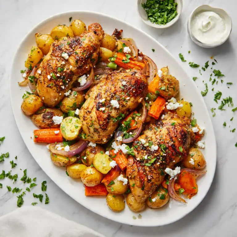 Whole Roasted Chicken with Potatoes, Lemon, Herbs, and Feta Recipe