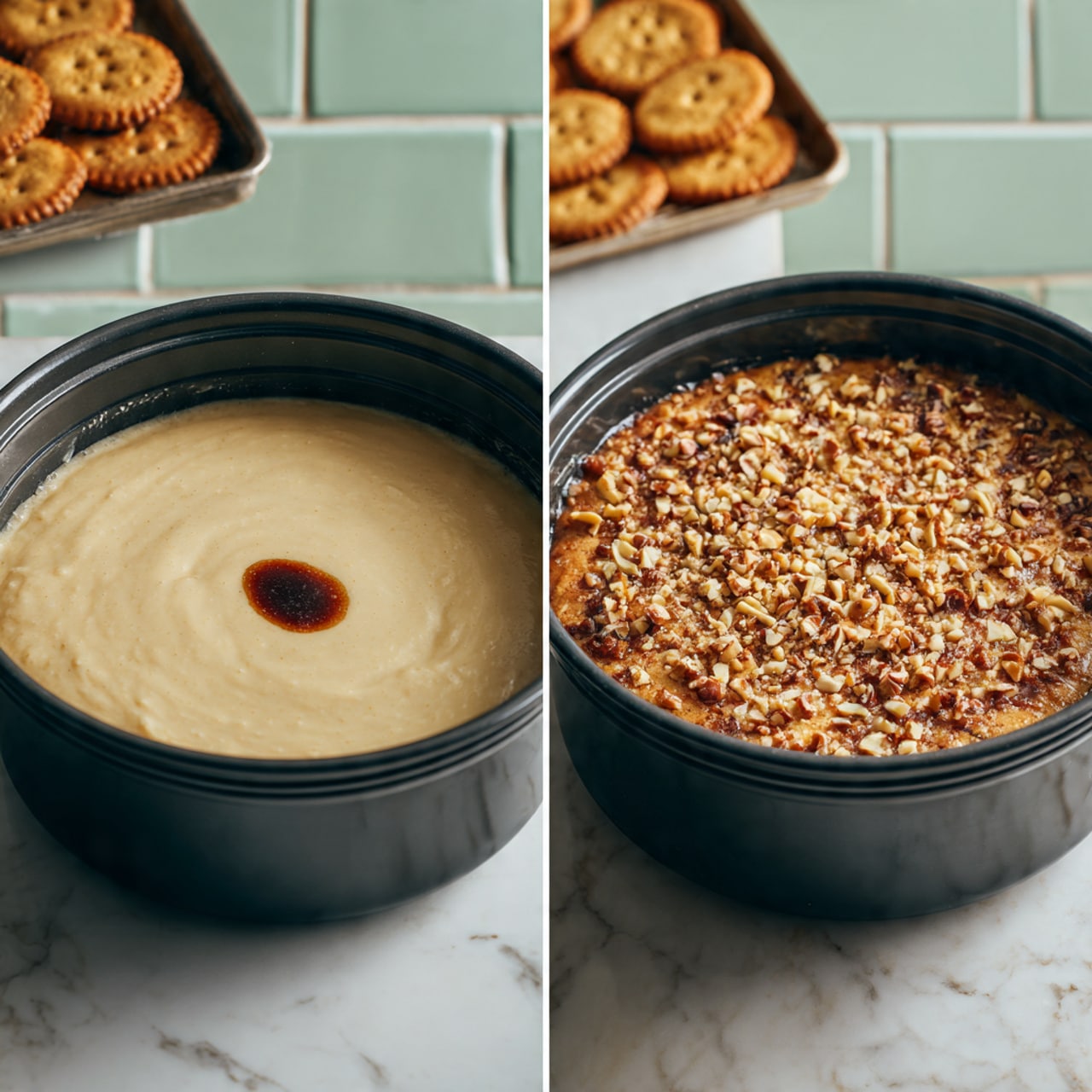 A silver baking tray holds five rows of round golden crackers, each topped with a creamy, light beige mixture that looks chunky and uneven in texture. The tray is lined with a light brown reusable silicone sheet. The scene is set against a rough light green brick wall and a white marbled surface. photo taken with an iphone --ar 4:5 --v 7