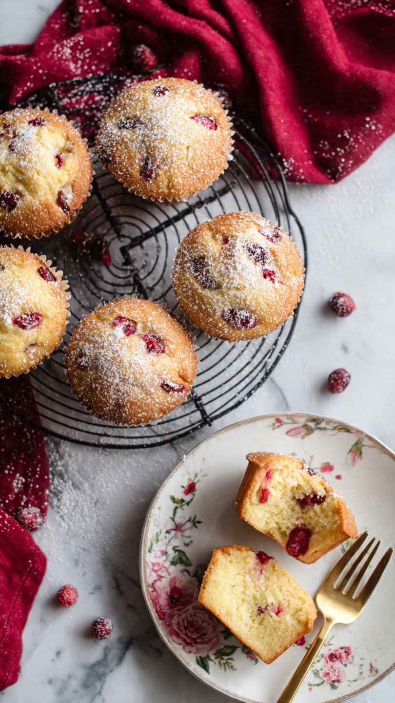 The image shows six golden brown muffins cooling on a black wire rack placed over a white marbled surface. Each muffin has a soft texture with visible dark red berry pieces and white chunks slightly melted inside the top layer. The tops of the muffins are lightly dusted with fine white powdered sugar, adding a delicate contrast to the warm baked color. The muffins have a slightly rounded top and a firm base, with the front muffin in clear focus and the rest softly blurred in the background, creating depth. Photo taken with an iphone --ar 4:5 --v 7