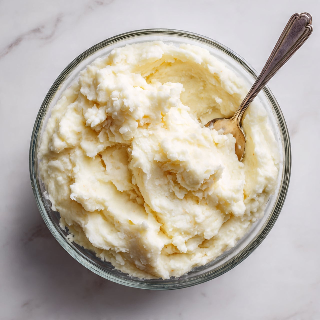 The image shows a close-up of a glass bowl filled with white mashed potatoes that have a lumpy and soft texture. The bowl is sitting on a white marbled surface. A metal spoon is partially visible, placed inside the bowl on the right side, slightly covered by the mashed potatoes. The potatoes look creamy with some small uneven chunks throughout, giving a rustic and homemade feel. Photo taken with an iphone --ar 4:5 --v 7