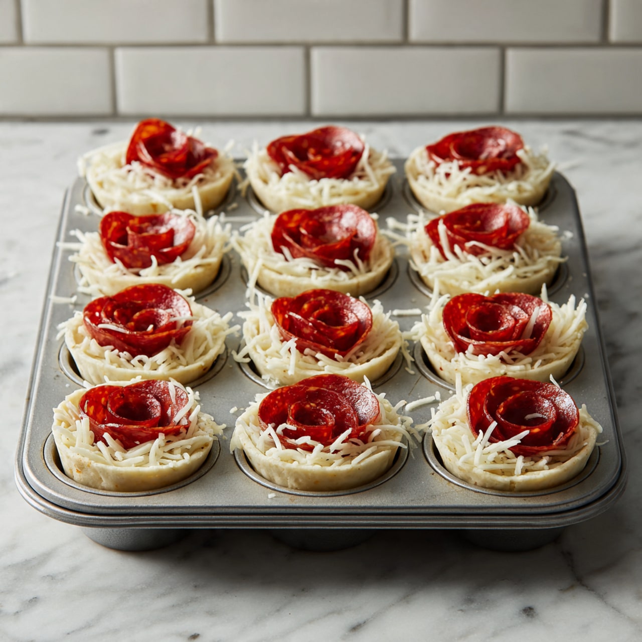 A close-up of a single muffin-sized pizza held by a woman's hand in front of a metal muffin tray filled with similar mini pizzas, each having a round, golden-brown crust base. The pizza has layers of folded, overlapping pepperoni slices arranged in a rose-like pattern on top of melted, orange-red cheese and tomato sauce, sitting inside the crust. The background is a lightly textured green brick wall, and the surface under the tray is a white marbled texture. photo taken with an iphone --ar 4:5 --v 7