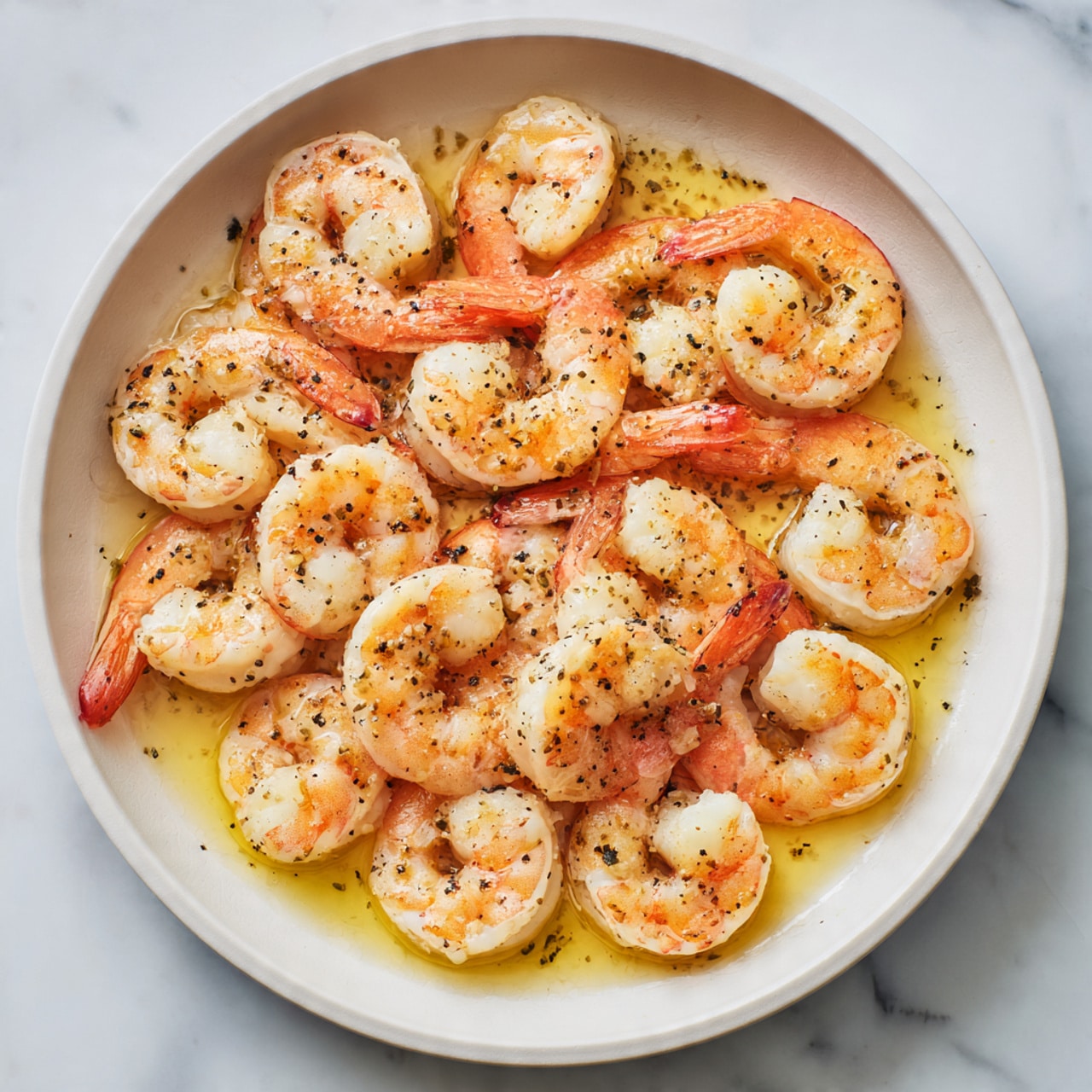 The image shows around twenty cooked shrimp in a white pan, arranged in a loose single layer. The shrimp are pinkish-orange with white highlights and black pepper specks on them. They sit in a pool of shiny, yellowish oil or butter at the bottom of the pan, with some light browning spots around the edges. The pan is round and white, placed on a white marbled surface. The shrimp fill most of the pan and are evenly spaced with some slight overlapping. photo taken with an iphone --ar 4:5 --v 7