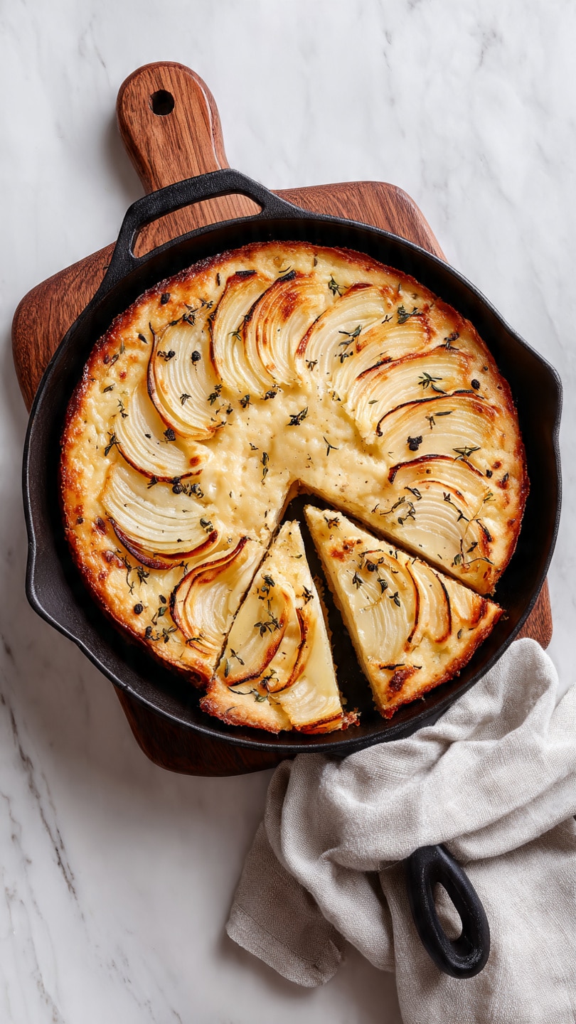 The image shows a white plate with a black pattern around the edges holding eight triangular slices of flatbread arranged in a slight overlapping circle. The flatbread is golden yellow with visible thin, slightly browned onion rings baked into the surface, along with black pepper and coarse salt sprinkled on top. The flatbread looks soft yet slightly crisp on the edges. In the background, there is a small white bowl filled with green olives placed on a bright blue tiled surface, which has been changed to a white marbled texture. The overall scene has a warm and simple look with natural light. Photo taken with an iphone --ar 4:5 --v 7