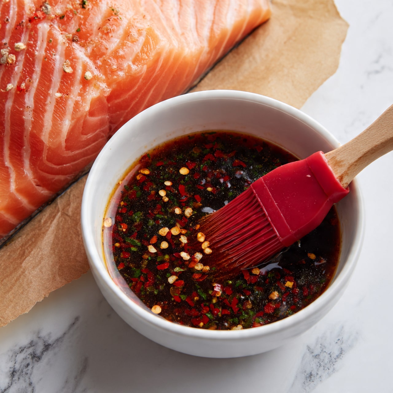 A white bowl filled with a dark brown sauce that has visible red pepper flakes and small bits of herbs floating in it. A red silicone brush with a light wooden handle is resting inside the bowl and partially dipped in the sauce. Behind the bowl, there is a large piece of raw pinkish-orange salmon with six diagonal cuts on the top, lying on a light brown paper. The surface below everything is a white marbled texture. Photo taken with an iphone --ar 4:5 --v 7