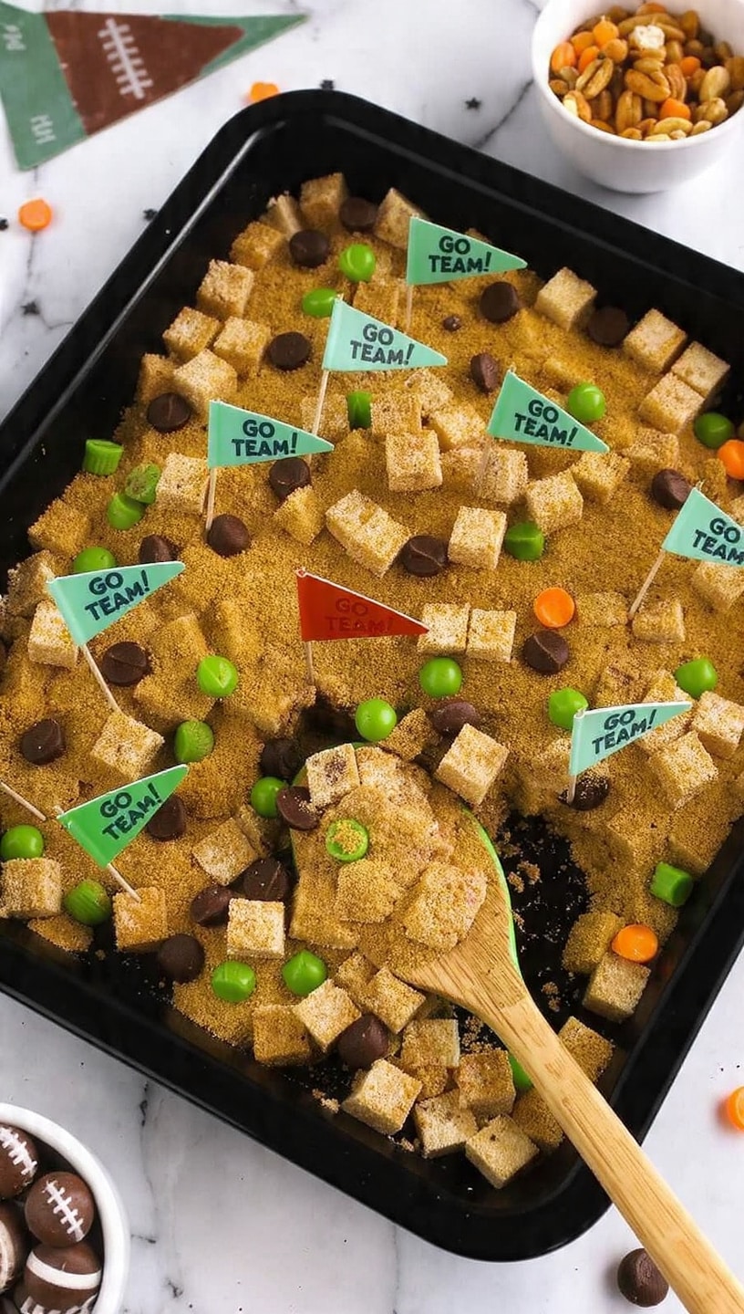 The image shows a black tray filled with a snack mix as the main layer, made of square cereal pieces coated in a light brown powder, spread evenly across the tray. Mixed within this layer are bright green round candies scattered throughout, along with smaller dark brown round candies and tiny brown coffee beans. Several small toothpick flags with football themes are stuck into the snack mix, with green flags that say