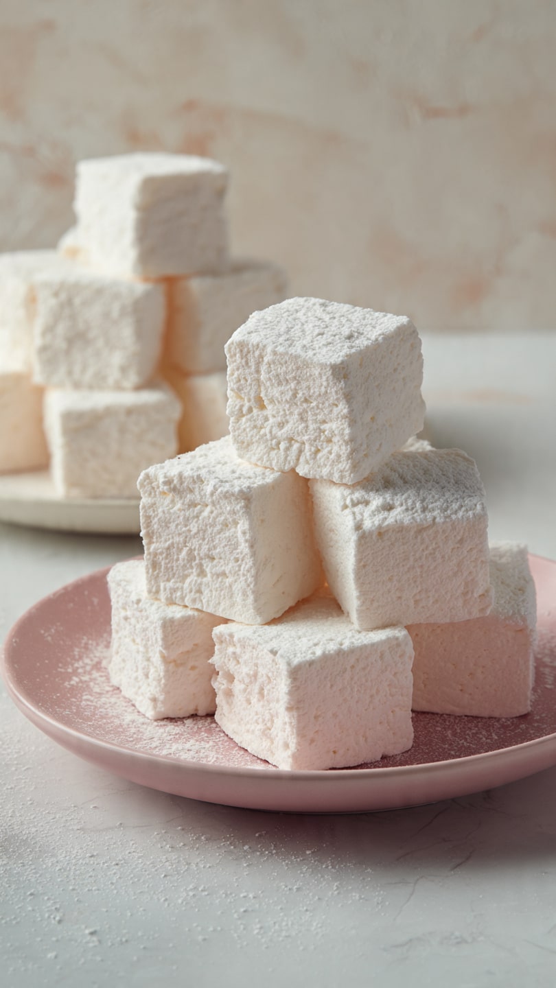 A close-up image of three large, soft white marshmallows stacked vertically on a dark surface dusted with powdered sugar. The marshmallows have a rough textured surface with small holes and a matte finish. The background is a dark wood, giving contrast to the bright white marshmallows in the foreground. The scene is simple, focusing only on the stack of marshmallows. Photo taken with an iphone --ar 4:5 --v 7