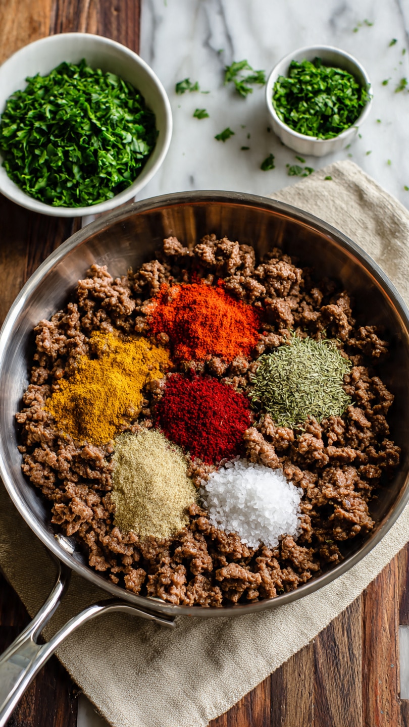 A metal frying pan filled with cooked, crumbled brown ground meat, topped with several small piles of colorful spices including red paprika, light yellow powder, green dried herbs, white salt, and brown cumin, all placed separately on the meat. The pan is set on a beige cloth on a wooden surface, and beside it is a small white bowl filled with chopped green herbs. The whole scene is viewed from above on a white marbled texture background. photo taken with an iphone --ar 4:5 --v 7