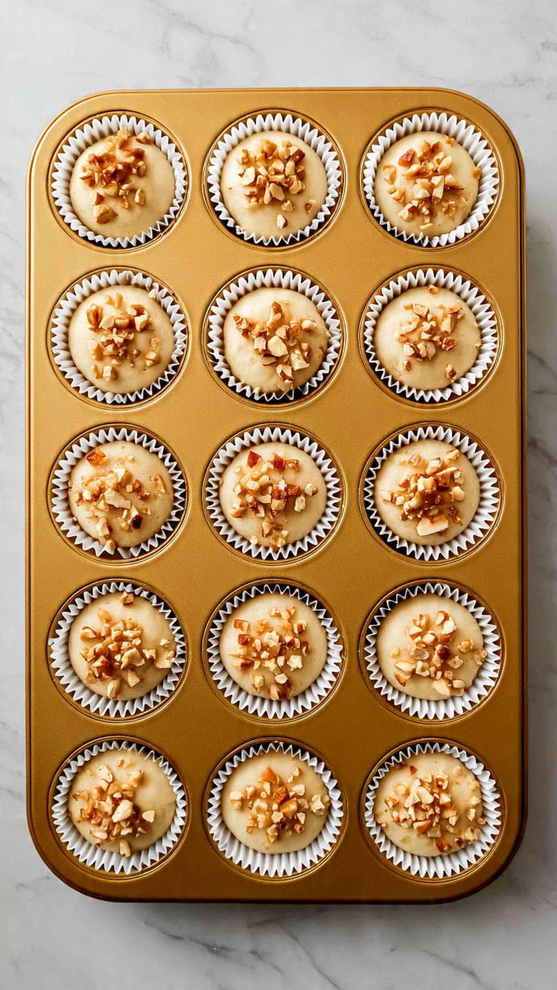 A golden metal muffin tray filled with twenty-four white paper liners each containing light brown batter topped with small pieces of chopped nuts scattered evenly on top; the tray is placed on a white marbled surface, showing a neat grid of muffins before baking, with the texture of the batter smooth and slightly glossy, and the nuts adding a rough, crunchy look on top photo taken with an iphone --ar 4:5 --v 7