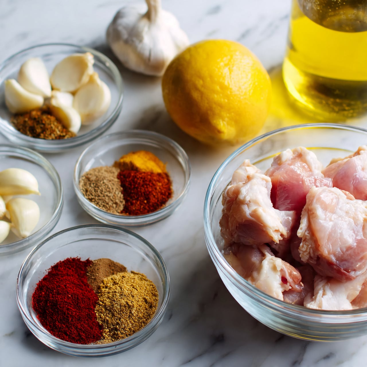 The image shows a close-up of several transparent glass bowls arranged on a white marbled surface. The largest bowl on the right side contains raw, pale pink pieces of chicken with some white fat visible. To the left of it, a medium bowl holds a mix of various dry spices in distinct piles, including red, brown, and beige powders. Above these, there is a smaller bowl filled with whole white garlic cloves. Next to the bowls, there is a whole bright yellow lemon and a clear glass bottle of light golden olive oil. The overall scene is bright and clean, with a simple, fresh kitchen feel. photo taken with an iphone --ar 4:5 --v 7
