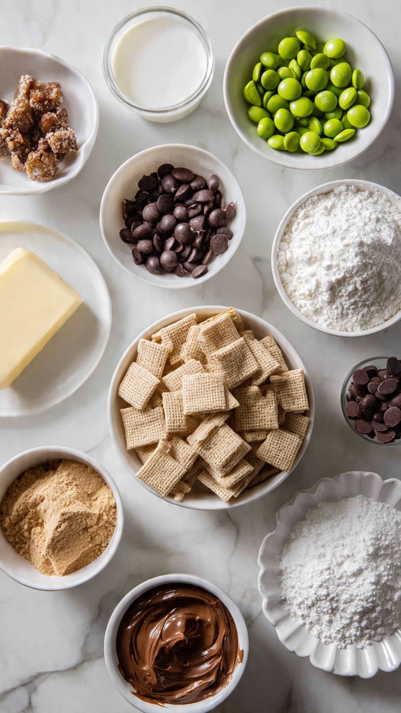 A top view of eight white bowls and plates arranged on a white marbled surface, each filled with different ingredients. In the center is a large white bowl filled with light brown square cereal pieces with a grid pattern. Surrounding it clockwise from top are a bowl with green and dark brown round candies, a white plate piled with shiny brown oval chocolate-covered coffee beans, a small bowl with dark cocoa powder, a bowl containing dark chocolate chips, a plate with a stick of yellow butter, a bowl with smooth milk chocolate spread, and lastly a scalloped white bowl heaped with fine white powdered sugar. Photo taken with an iphone --ar 4:5 --v 7