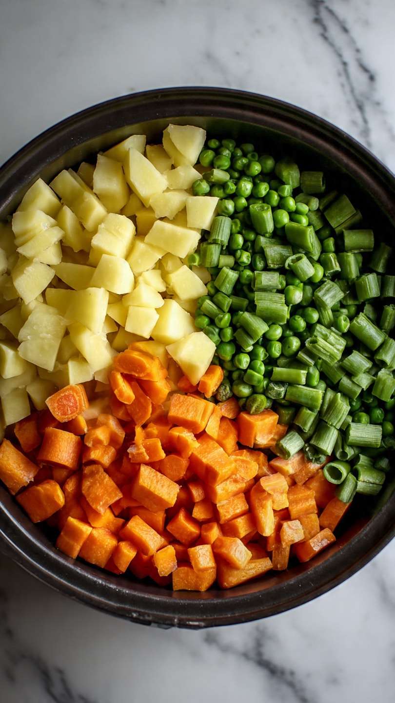 A close-up of a pot filled with a creamy white soup containing visible layers of soft cauliflower florets, bright green peas, and orange carrot cubes mixed throughout. The creamy broth is thick and smooth, surrounding the vegetables evenly. A large metal spoon sits in the pot, partially submerged in the soup, showing the texture of the vegetables and cream. The pot rests on a brown woven mat, with green leaves placed nearby. The background is a white marbled texture. photo taken with an iphone --ar 4:5 --v 7