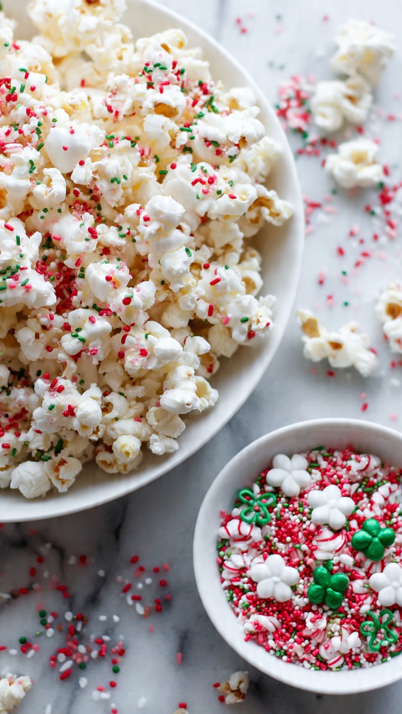 A large white bowl filled with a high pile of white popcorn sprinkled with red, green, and black tiny sprinkles, sitting on a wooden surface scattered with more popcorn and sprinkles. Around the bowl are three shiny red Christmas ornaments. Behind the bowl, there is a lit white candle in a golden holder and a blurred green Christmas tree decorated with red berries and ornaments. The background has a cozy holiday feel with a red cloth slightly out of focus. photo taken with an iphone --ar 4:5 --v 7