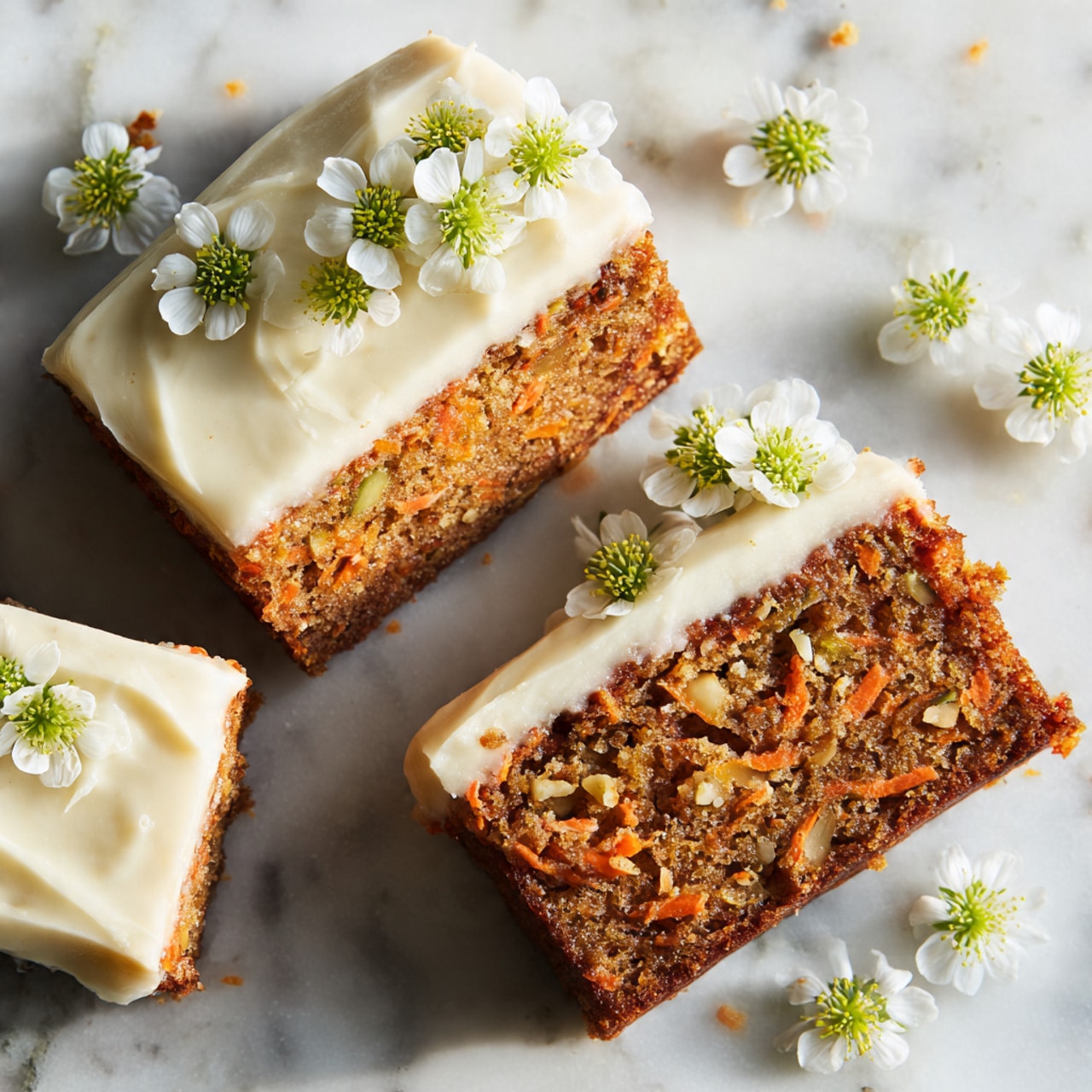 Two rectangular slices of carrot cake with visible shredded carrot and nuts form the base layer, topped thickly with a smooth, creamy light beige frosting. The frosting is decorated with small white flowers with green centers, some clustered together on top and a few scattered around the cake on a white marbled surface. The cake slices are placed closely side by side with one more piece partially visible on the side. The image has warm natural light highlighting the texture of the cake and frosting, photo taken with an iphone --ar 4:5 --v 7