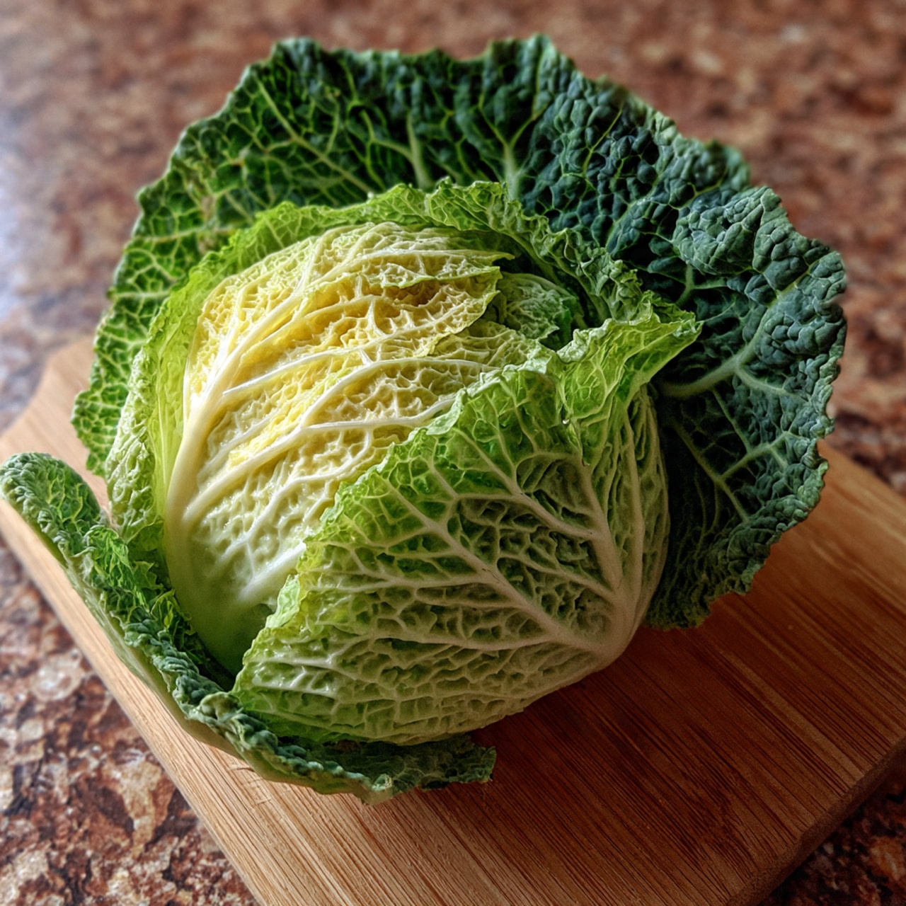 A fresh green cabbage with textured, leafy layers and visible white veins sits on a wooden cutting board, the leaves showing shades from pale green to a lighter yellow green at the edges. The background is a warm brown granite-like surface. photo taken with an iphone --ar 4:5 --v 7