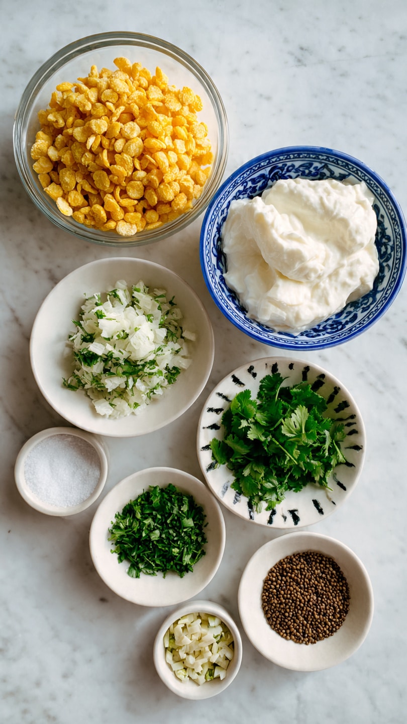 The image shows several small bowls and one big bowl arranged on a white marbled surface. The biggest bowl on the left is clear glass and filled with golden yellow small round crispy pieces. Another large white bowl with a blue rim on the right holds white creamy curd. Below these, from left to right, there are five small white bowls: the first has white salt, the second has chopped green herbs, the third has finely chopped fresh green coriander in a white bowl with black lines, the fourth contains small chopped green chilies, and the last holds brown cumin seeds. photo taken with an iphone --ar 4:5 --v 7