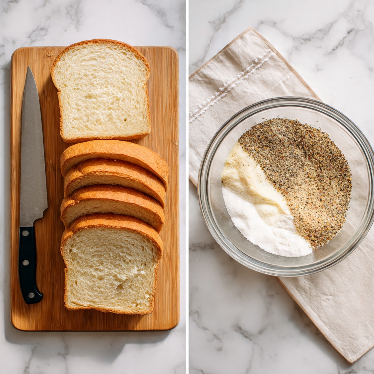 The image shows two scenes side by side on a white marbled surface. On the left side, there is a wooden cutting board with seven slices of light brown bread neatly lined up, with one end of the loaf unsliced. A large knife with a black handle lies parallel to the slices on the board. On the right side, there is a clear glass bowl containing a creamy white base, topped with layers of black pepper, white salt, and two types of light brown seasonings. A small light beige cloth with a simple pattern is partially visible under the bowl. Photo taken with an iphone --ar 4:5 --v 7