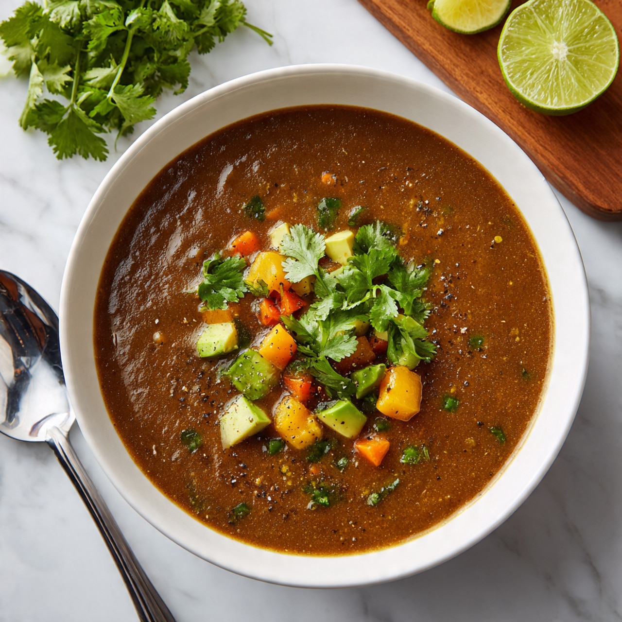 A white bowl filled with a thick brown soup that has a smooth texture. On top of the soup, there are small chunks of light yellow and orange pieces mixed with green avocado cubes and fresh green cilantro leaves placed in the middle. The bowl sits on a white marbled surface, with a shiny silver spoon on the left. In the background, there is a wooden board holding fresh green cilantro and a half lime next to a wooden juicer. Photo taken with an iphone --ar 4:5 --v 7