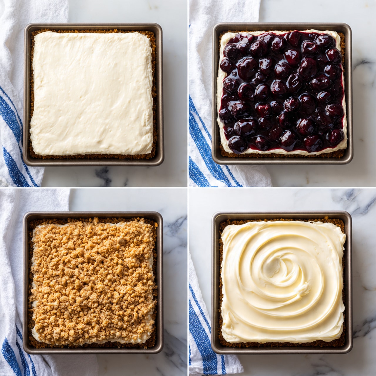 The image shows four stages of making a dessert in a square baking pan on a white marbled surface with a white and blue striped cloth nearby. The first layer is a crumbly light brown crust evenly spread at the bottom, with a rough texture. The second layer is a thick, smooth, and creamy white filling spread evenly on top of the crust. The third layer is a dark purple-blue glossy fruit topping with whole berries, covering the creamy layer completely. The fourth and final layer is another smooth, creamy white layer spread evenly on top of the fruit layer, with soft swirling patterns. Photo taken with an iphone --ar 4:5 --v 7