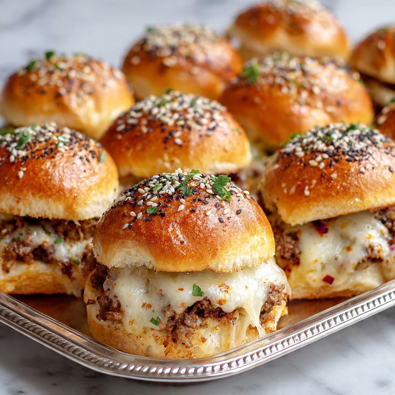 The image shows soft, golden brown sandwich buns topped with mixed white and black sesame seeds and small green herb bits. Each sandwich is filled with layers of melted shredded cheese, ground cooked meat, and small pieces of red seasoning or pepper, all slightly oozing out between the bun halves. The sandwiches are arranged closely on a silver textured tray sitting on a white marbled surface, with some cheese stretching between the separated sandwich pieces. photo taken with an iphone --ar 4:5 --v 7