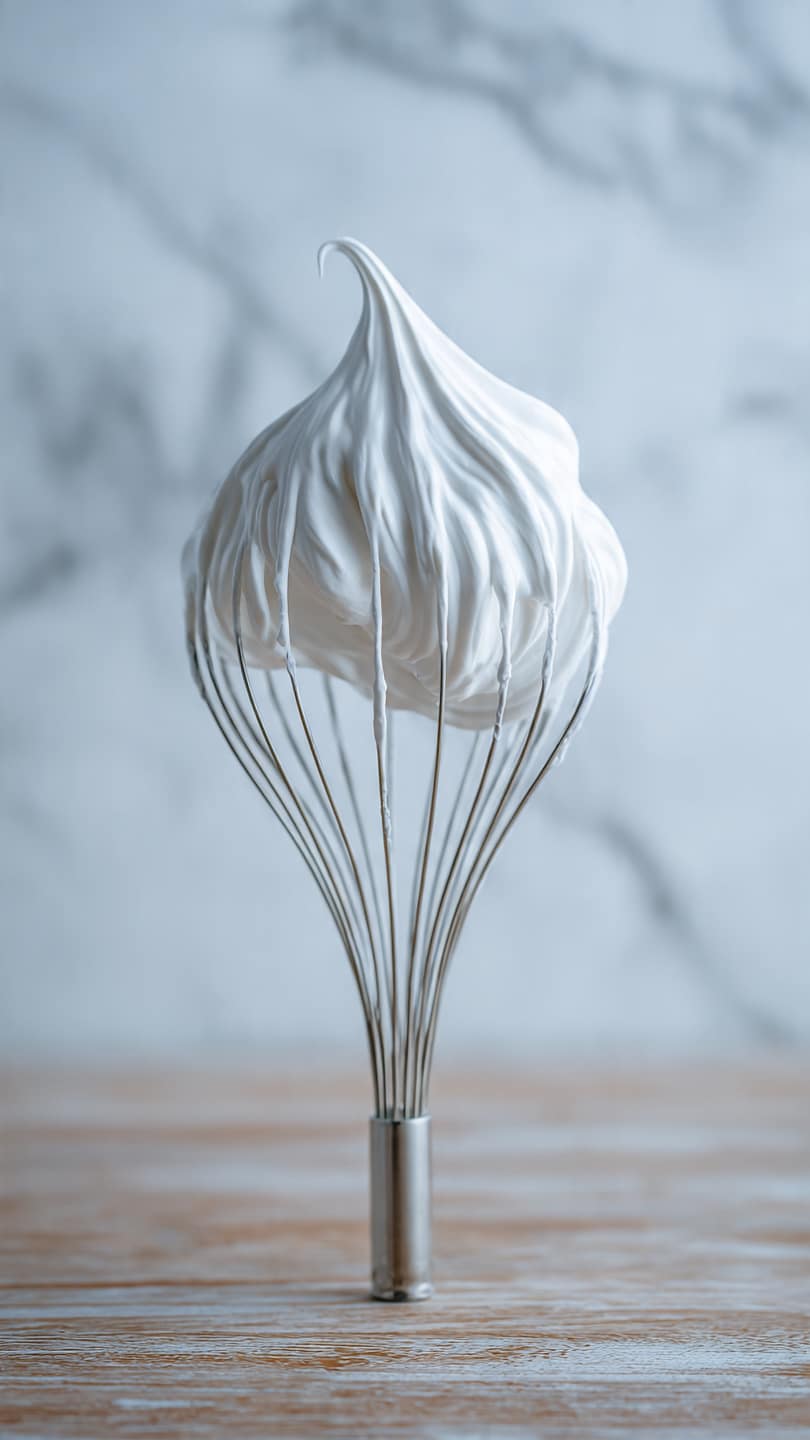 A metal whisk stands upright on a wooden surface with thick white whipped cream clinging to its thin wires. The cream forms soft peaks that stretch between the wires, creating delicate elongated shapes that look smooth and creamy. In the soft light, the background is blurred with a white marbled texture subtly visible, adding a clean and bright feel to the scene. photo taken with an iphone --ar 4:5 --v 7