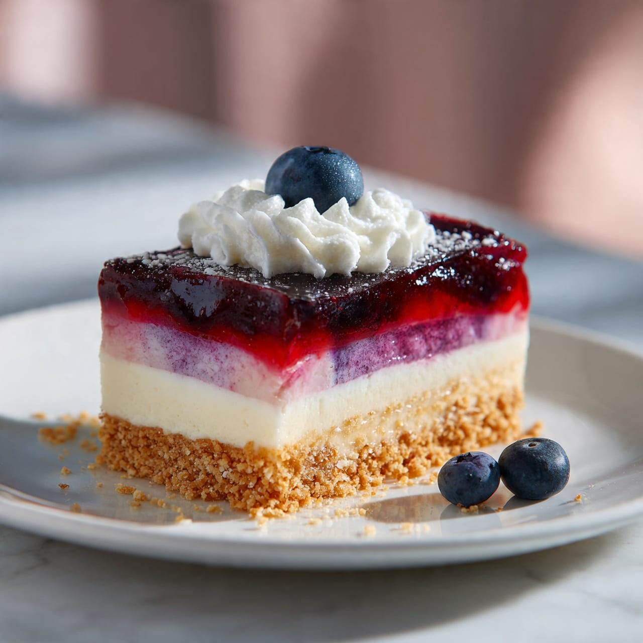 A slice of dessert is shown on a white plate on a white marbled surface. The dessert has four layers: a crumbly golden brown base at the bottom, a smooth pale cream layer above it, a thick middle layer of bright red and purple jelly with visible blueberries mixed in, and a fluffy white cream topping. On top of the cream, there is a single blueberry placed at the center. A few crumbs and two whole blueberries are scattered around the plate. The background is softly blurred with light colors, giving focus to the dessert slice. photo taken with an iphone --ar 4:5 --v 7