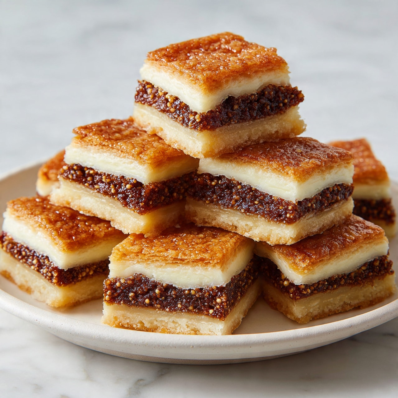 A white plate with a stack of square pastries, each showing two layers of pale golden dough with a dark, textured filling in between, stacked neatly with some pastries leaning on the side. The filling is deep brown with small seeds visible, creating a rough texture in contrast to the smooth dough. The background is a white marbled surface, soft and clean-looking. photo taken with an iphone --ar 4:5 --v 7