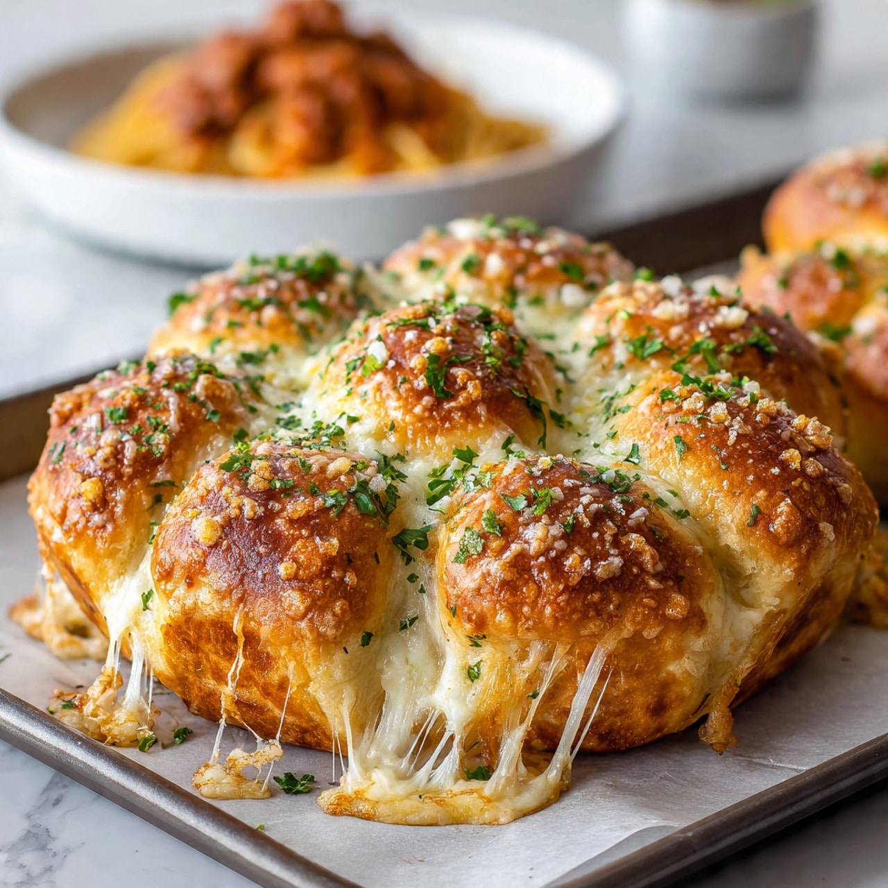 A close-up view of a round pull-apart garlic cheese bread on a baking tray lined with parchment paper, showing six golden brown bread rolls connected in a circle. Each roll is topped with melted white cheese strands stretching between the pieces, finely chopped green parsley, and a sprinkling of grated cheese. The bread has a soft, fluffy texture with a crispy crust, and the cheese looks warm and stringy. In the background, there is a white plate with spaghetti and meat sauce on a white marbled surface. photo taken with an iphone --ar 4:5 --v 7