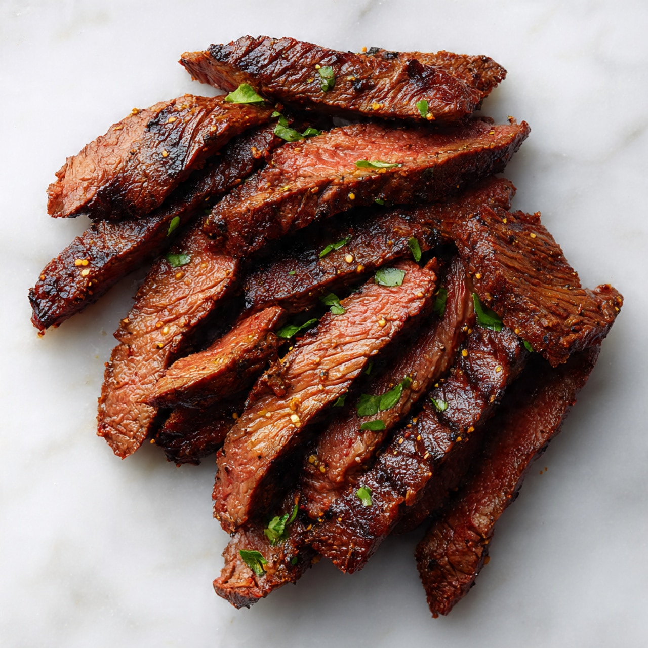 This image shows a clear glass dish with thin pieces of raw meat arranged flat inside, covered by a dark brown marinade with visible oil and herbs. The meat is sprinkled with finely chopped green herbs and small yellowish bits that look like garlic or ginger. The dish is sitting on a white marbled surface, and the texture of the meat looks wet and soft from the marinade soaking in. photo taken with an iphone --ar 4:5 --v 7