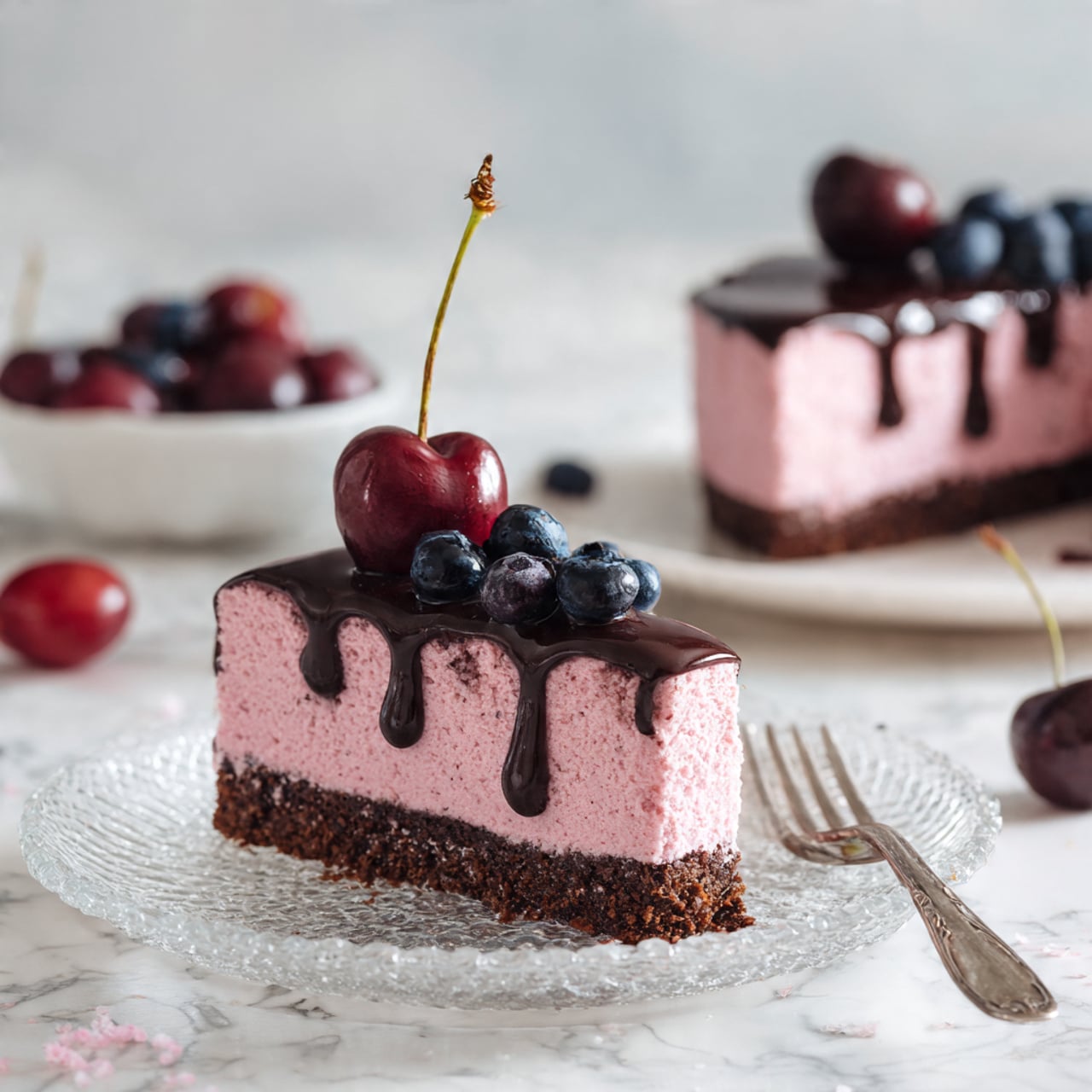 A slice of pink cake with two main layers is shown on a clear textured plate. The bottom layer is a rough, dark brown crust, while the top layer is thick, smooth, and bright pink. A thick drizzle of shiny dark chocolate sauce flows over the top edge, slightly dripping down. On top of the chocolate are several small dark blue blueberries and one red cherry with a stem, standing upright in the center. The plate is on a white marbled surface with some loose cherries and blueberries around. A silver fork lies next to the slice on the plate. In the background, there is more cake on a white plate, blurred. photo taken with an iphone --ar 4:5 --v 7