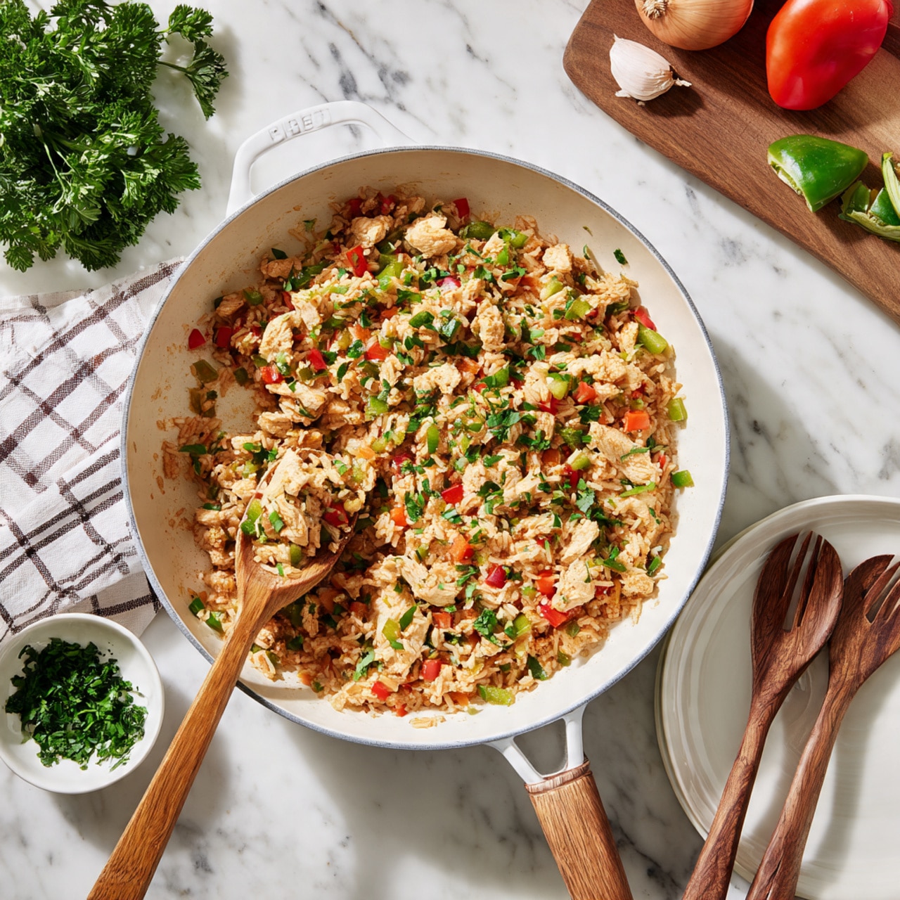 A white pan filled with a rice dish that has yellow and light brown cooked rice mixed with small pieces of light beige chicken and bright red bell pepper bits, topped with chopped green herbs. A wooden spoon rests inside the pan lifting a scoop of the dish. The pan is placed on a white marbled surface with fresh green parsley on the left, a wooden bowl holding a green bell pepper, red bell pepper, and a brown onion above it. On the right side, a small bowl of chopped green herbs and a few stacked white plates with wooden-handled forks on top sit nearby. A white towel with a black grid pattern is partially under the pan. Photo taken with an iphone --ar 4:5 --v 7