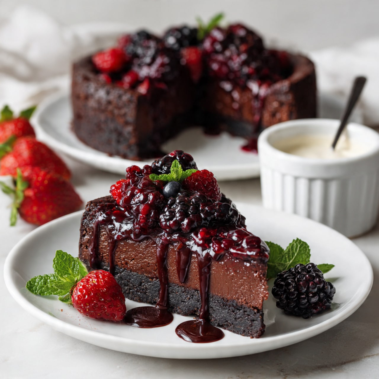 A slice of dark chocolate cake sits on a white plate with a white marbled background. The cake has two main layers: a thick, dense chocolate base at the bottom, and a glossy, rich layer of dark berries on top, including blackberries and raspberries, with a drizzle of dark chocolate sauce over it. In the background, the remaining cake is on another white plate, showing the same two layers, with one slice missing. To the side, a white ramekin holds a creamy white sauce with a spoon inside. Fresh green mint leaves and scattered strawberries and raspberries add color around the plates. photo taken with an iphone --ar 4:5 --v 7