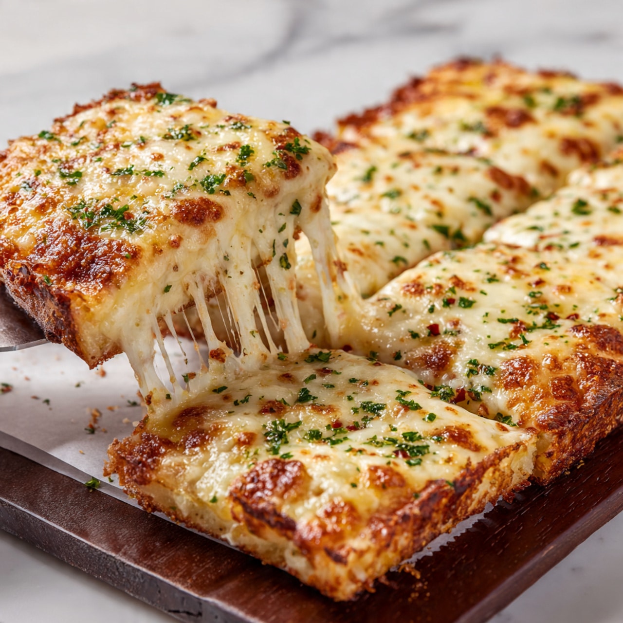 The image shows two slices of pizza on a wooden board placed on a white marbled surface. The pizza has one visible layer of melted cheese that is golden brown and bubbly in spots, sprinkled evenly with finely chopped green herbs. Each slice is thick and triangular, with a crispy-looking dark brown crust, especially around the edges. Small flakes of seasoning and herbs are scattered on and around the pizza, adding texture and color contrast. The top layer of cheese covers the entire pizza surface smoothly, slightly browned at points, while the inside crust looks soft and airy photo taken with an iphone --ar 4:5 --v 7