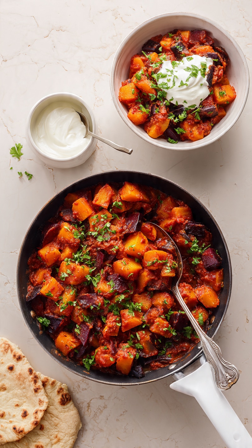 A black frying pan with a white handle holds a stew made of chunky, soft orange-yellow pieces and dark purple slices, all mixed with a thick red-orange sauce, sprinkled across with small bright green fresh herb leaves. A silver spoon rests inside the pan, partially covered in the stew, near the bottom right. Above the pan, there is a white bowl filled with the same stew, topped with a dollop of smooth white sour cream. To the right of the pan, a small white bowl contains creamy white sauce, and near the bottom left, there is a piece of light tan flatbread with rough, uneven edges. All items are placed on a white marbled textured surface. Photo taken with an iphone --ar 4:5 --v 7