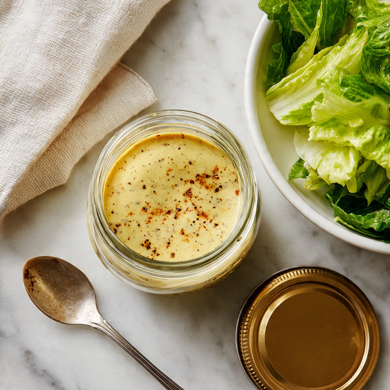 A clear glass jar filled halfway with a light yellow creamy dressing speckled with small dark spices, sitting on a white marbled surface. The jar’s gold metal lid lies beside it, holding a small silver spoon with some dressing on it. To the upper right, part of a white bowl filled with bright green leafy lettuce is visible. In the upper left corner, a soft off-white cloth napkin is partially shown. The photo taken with an iphone --ar 4:5 --v 7