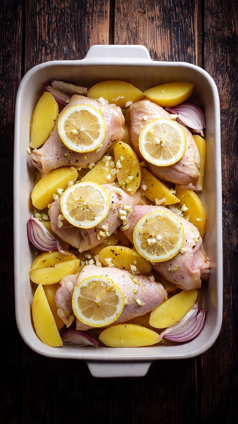 A white rectangular baking dish filled with four raw chicken leg portions on top of thick yellow potato wedges spread evenly at the bottom. Each chicken piece is topped with finely chopped garlic and a bright yellow lemon slice. The potatoes have hints of seasoning visible on their skin, and thin onion slices are scattered around the edges. The dish is placed on a dark wooden surface, creating a strong color contrast. photo taken with an iphone --ar 4:5 --v 7