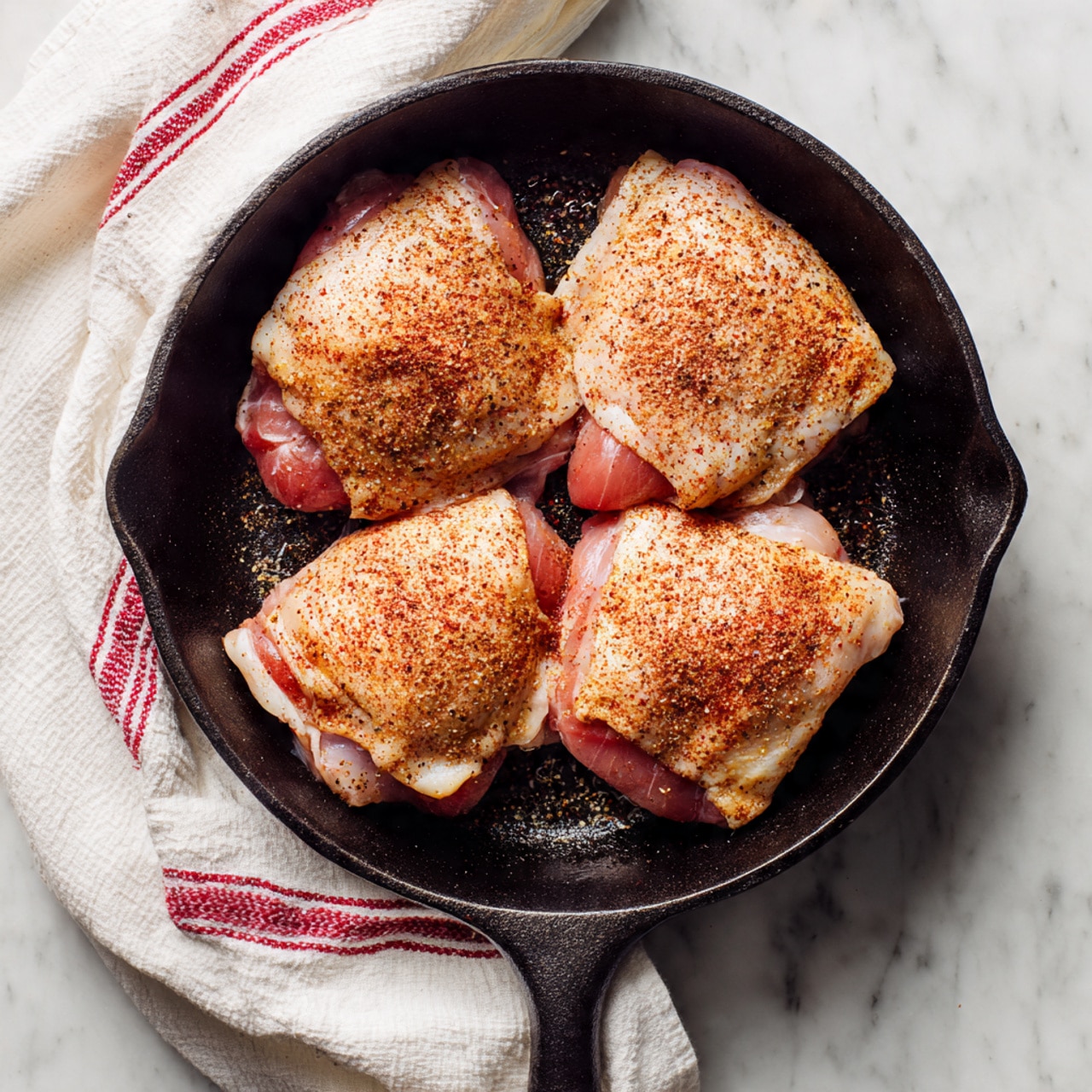 A black cast iron skillet holds three raw chicken thighs evenly spread out in a circular pattern. Each piece is lightly coated with a fine brownish-red spice powder, giving a textured look with some parts darker red while other parts remain natural pinkish chicken color. The skillet is on a white marbled surface with a white cloth featuring red stripes bunched up to the left side of the skillet. The skillet's handle points downward, centered in the image. photo taken with an iphone --ar 4:5 --v 7