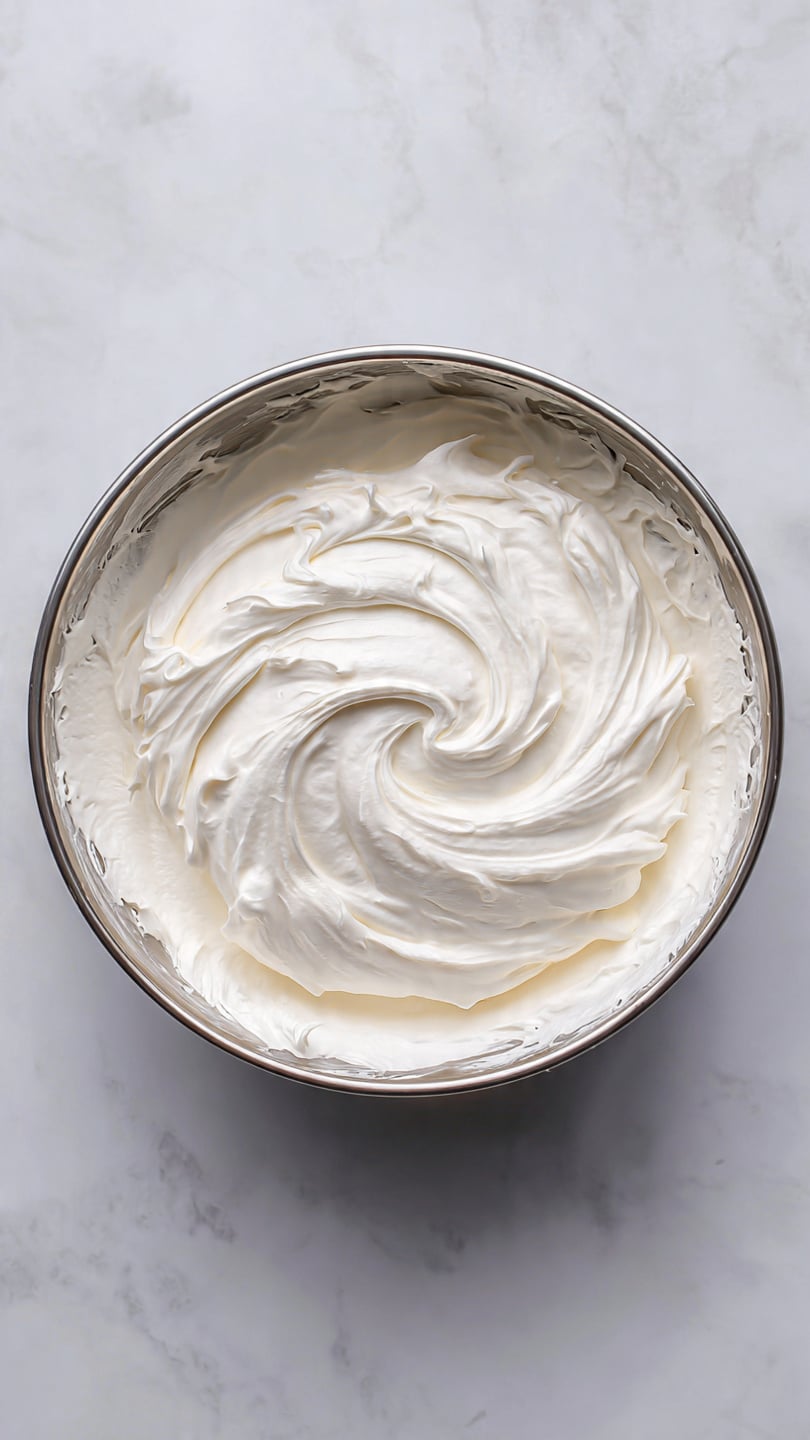 A slice of white creamy dessert with a soft, smooth texture forms the main layer, topped by a fluffy whipped cream layer. On top of the whipped cream are a slice of green kiwi, several red currants on a small brown stem, and two red strawberry halves, all resting on the white cream with some yellow passion fruit sauce drizzled around. The dessert is placed on a white plate with small speckled texture, set on a white marbled surface, with a soft blurry metal blue container and striped cloth in the background. Photo taken with an iphone --ar 4:5 --v 7